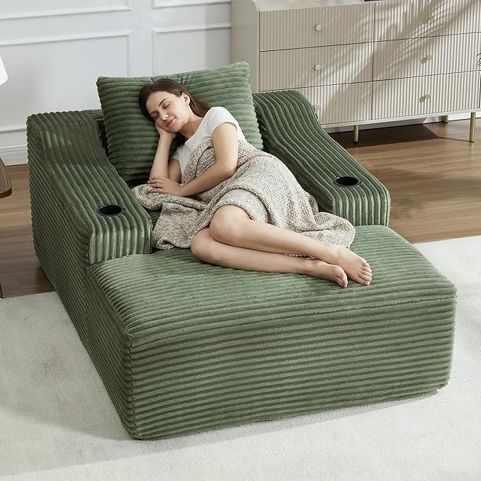 PELUMY 67 Oversized Chaise Lounge Sofa Bed Corduroy Boneless Sleeper Sofa with 2 Pillows &amp 2 Cup Holders Plush Cloud Couch for Living Room No Assembly Required (Green)