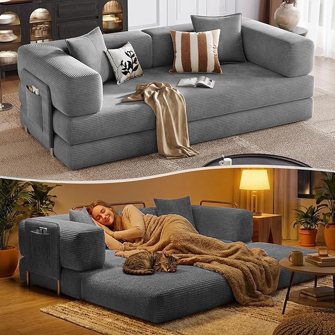98.4'' Boneless Sleeper Sofa BedConvertible Futon Couch with Storage Pocket and 2 PillowsModular Corduroy Sofa for livingroomSmall speaceGray