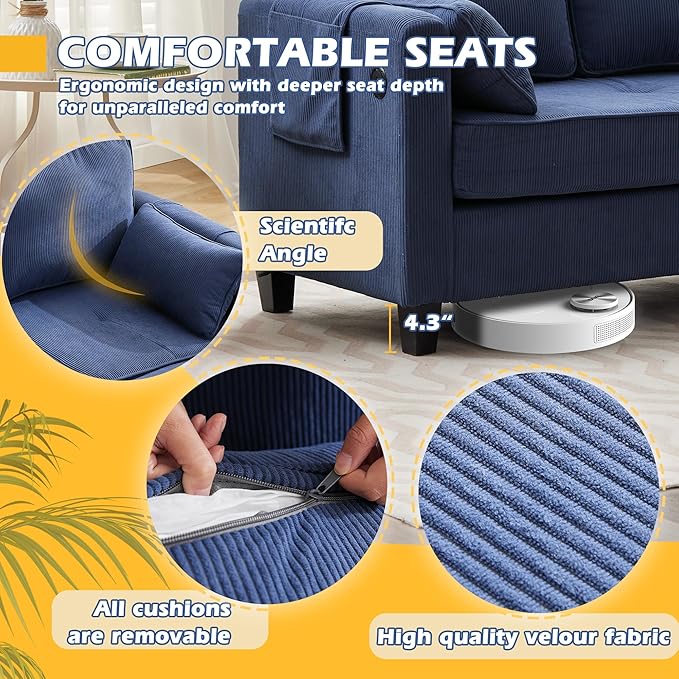 Grepatio Sectional Sofa Couch 80 L Shaped Convertible Sofa with 2 Pockets &amp USB Ports 3-Seater Comfy Cloud Modular Couches with Movable Storage Ottom for Living Room Apartment Small Space (Bl