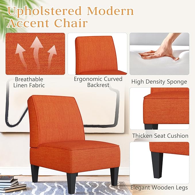 ALISH Upholstered Living Room Chairs Set of 2 Armless Side Accent Bedroom Chairs with Curved Backrest and Wooden Legs Orange Orange