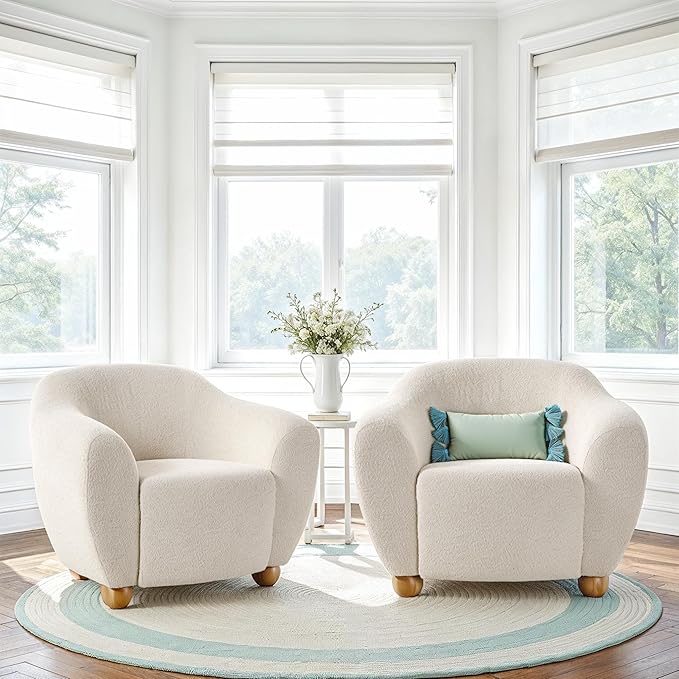 Walker Edison Linley Contemporary Bouclé Accent Chairs with Wood Legs 2-Pack Ivory