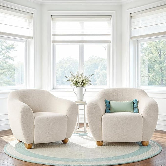 Walker Edison Linley Contemporary Bouclé Accent Chairs with Wood Legs 2-Pack Ivory