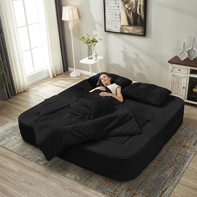80-inch Folding futon Sofa Bed Full-Size Convertible Sleeper Couch Bed Memory Sponge Double Sofa with Comfortable Mattress Suitable for Living Room (Black Sofa Set 80'' inches+blanket)