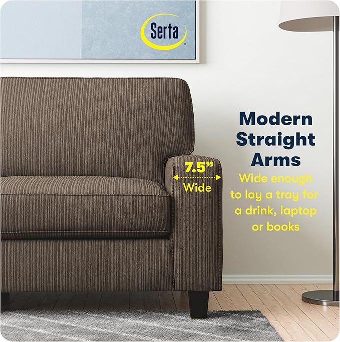 Serta Palisades 78 Track Arm Sofa Easy Care Polyester Soft Pillow Back Pocket Coil Seat Cushions Removable Covers Loveseat or Couch for Small Spaces Living Rooms or Bedrooms Brown