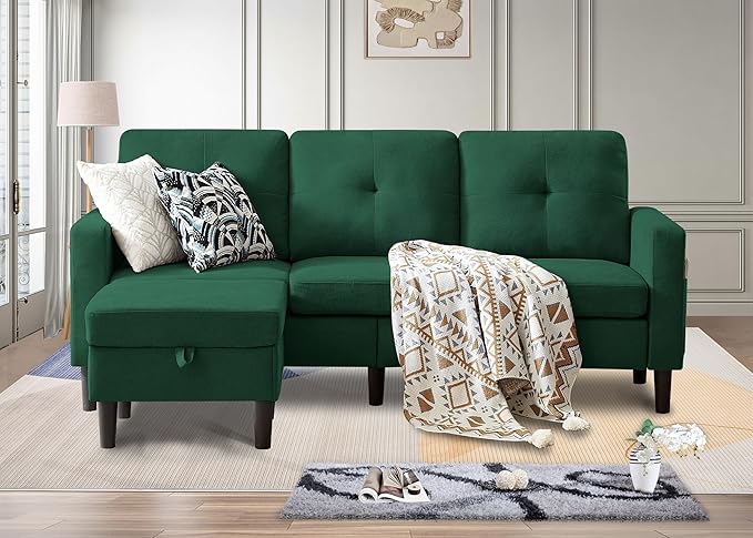 Sectional Sofa Couches for Living Room L Shaped Couch 3-Seat Convertible Sectional Sofas with Removable Storage Ottoman Modern Polyester Fabric (Green)