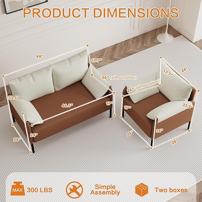 LSSBOUGHT Modern Loveseat and Chair Set Chenille Fabric Armchairs Accent Chair. Living Room Chair for Bedroom ApartmentSmall Space(Orange 1 Loveseat+1 Chair)