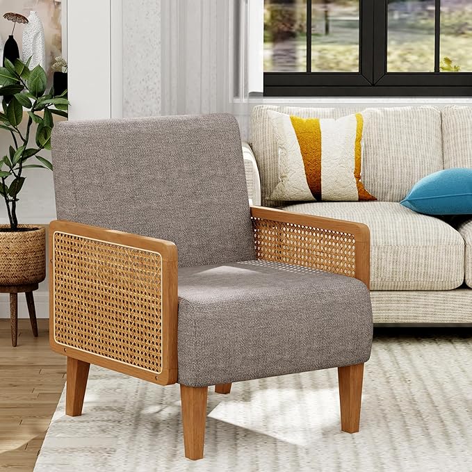 Accent Chair Mid Century Modern Living Room Chairs Rattan Armrest Upholstered Armchair with Solid Wood Legs Bedroom Reading Chair Taupe