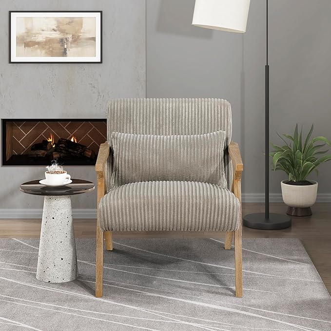 Lexicon Mid Century Modern Accent-Chair with Lumbar Pillow Brown Solid Wood Frame Comfy Corduroy Upholstered Lounge Arm Chair for Living Room/Bedroom/Office/Reading Nook Assembly Required Taupe