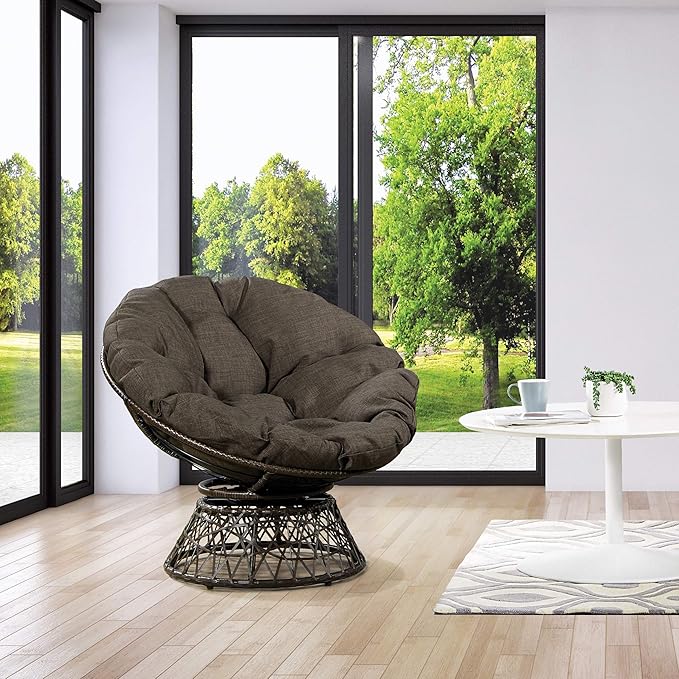 OSP Home Furnishings Wicker Papasan Chair with 360-Degree Swivel Brown Frame with Brown Cushion