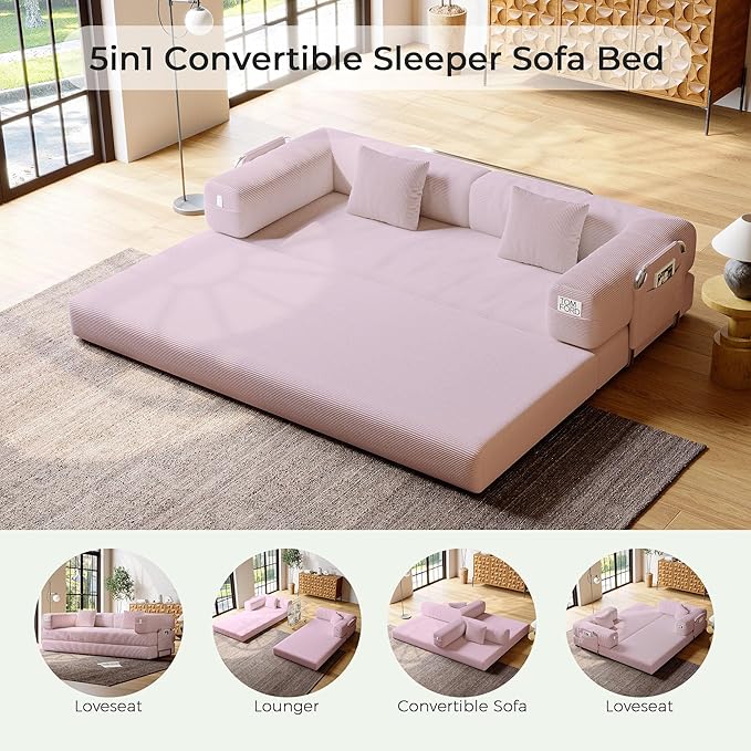 5-in-1 Folding Convertible Sofa Bed Loveseat Sleeper with Pull-Out Bed Floor Sofa Modular Futon Couch 79 Oversized Corduroy Upholstered Boneless Couch for Living Room Bedroom Lounge Pink-A