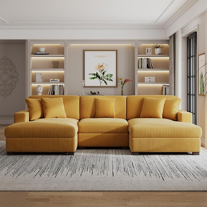 117.8 U Shaped Modular Sectional Sofa with Chaise Comfy Corduroy Fluffy Couch with Deep Seat Flexible Module Combination for Living Room and Office Orange
