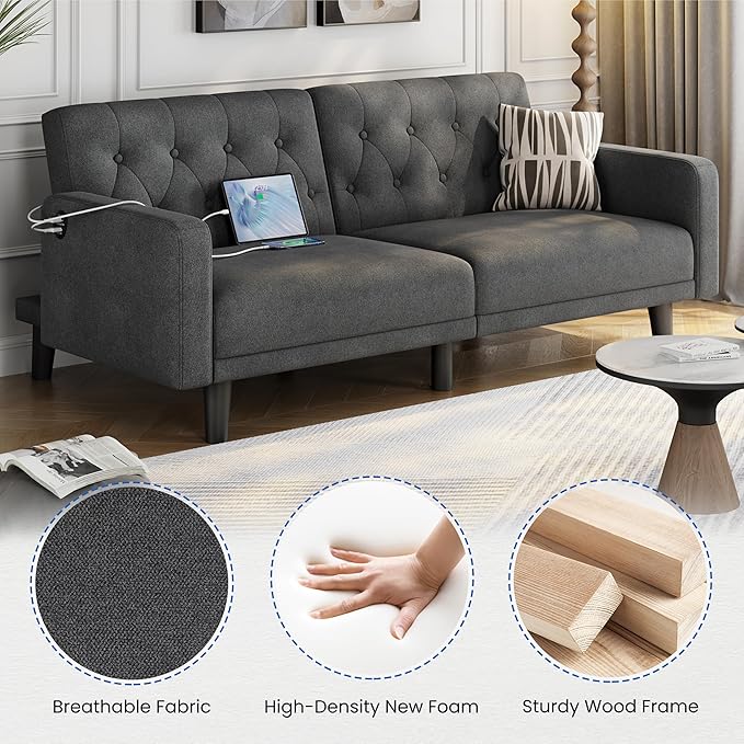 Yaheetech 63 Convertible Couch Small Futon Sofa Bed with 2 USB Ports Reclining Backrest &amp Removable Armrests Mid Century Modern Loveseat for Living Room Apartment Office Dark Gray