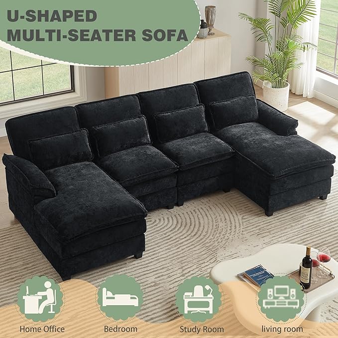 112 Modular Sectional Sofa U Shaped Comfy Cloud Couch with Double Chaise and Padded Armrests Modern Deep Seat Sectional Couches for Living Room Apartment Office Black