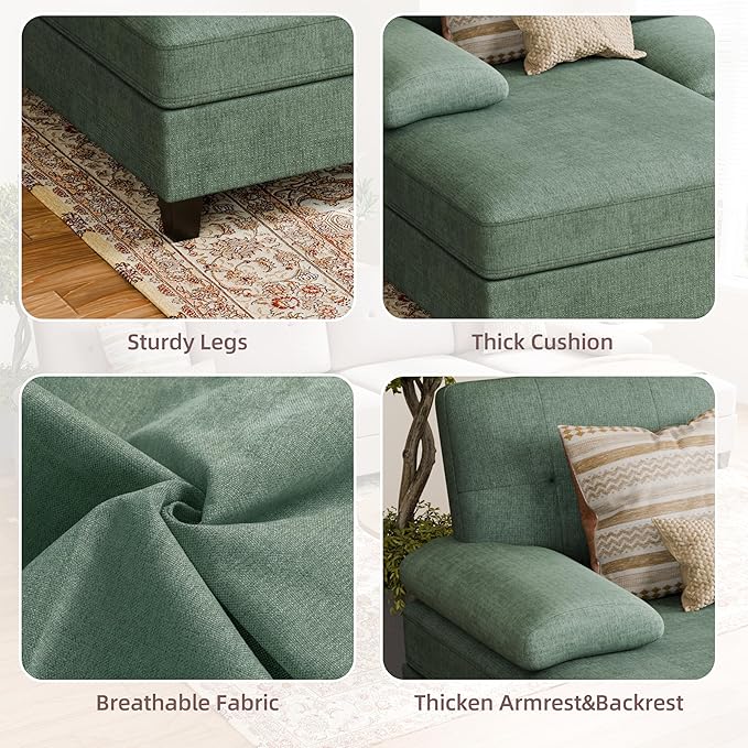 Shintenchi U-Shaped Sectional Couches for Living Room 4 Seat Sofa with Double Chaise LoungesSolid Wood Frame Sectional Sofa for ApartmentGreen