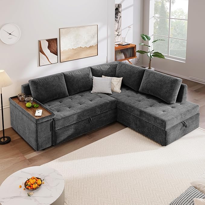 Modern 91.5-Inch L Shaped Sectional Sofa Couch Pull-out Sofa Bed Sleeper with Storage Ottoman and Wide Storage Armrest Polyester Convertible Corner Couch for Living Rooms Offices (Grey-9.8)