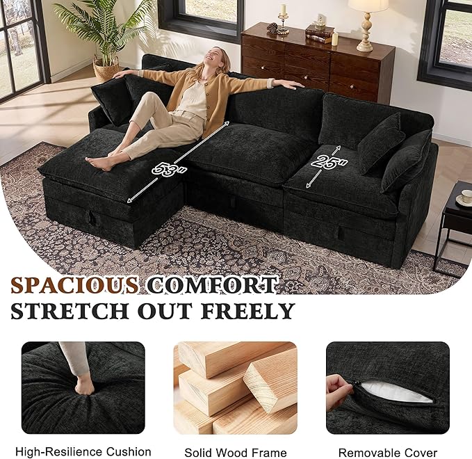 Ihanherry 103 Modular Sectional Sofa with Storage L Shaped Cloud Couch with Movable Ottomans &amp 4 Pillows Chenille Deep Seat Sectional Couches for Living Room Apartment (Black)