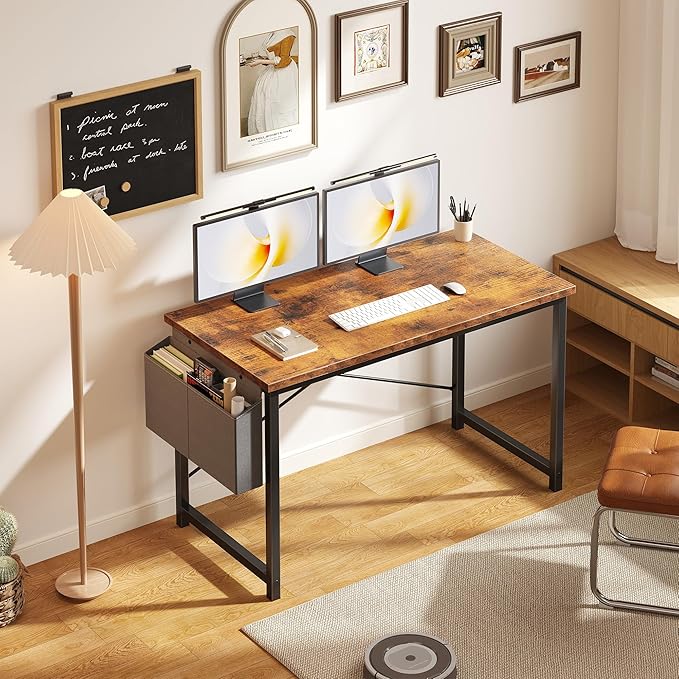 OLIXIS Computer Desk 47 Inch Home Office Desks for Small Spaces Gaming Writing Study Work Table with Storage Bag for Bedroom Rustic Brown