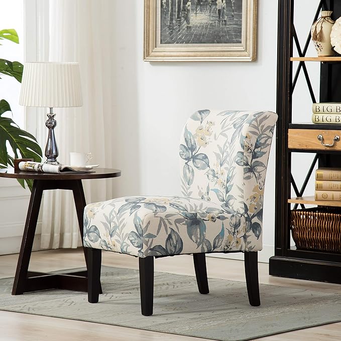 Roundhill Furniture Capa Print abric Armless Contemporary Accent Chair Blue Leaves