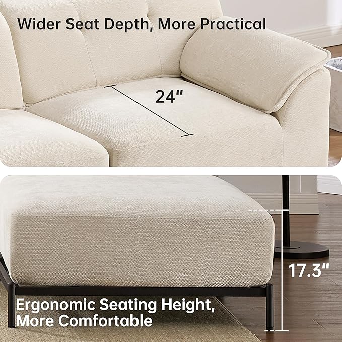 VKNOW 106 Couches for Living Room Modular Sectional Sofa with Wide Armrests and Solid Iron Frame Compressed Couch for Living RoomOfficeChenille FabricBeige