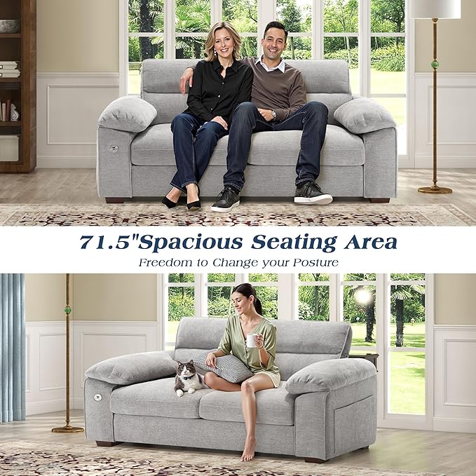 WorthFurni Sofas for Living Room Chenille Pillow-Armrest Loveseat Couch Set Small Sofa 3 Seater Sofa USB Charging Removable Sofa Cover Solid Wood Frame Easy to Install (71.5 inch Grey)