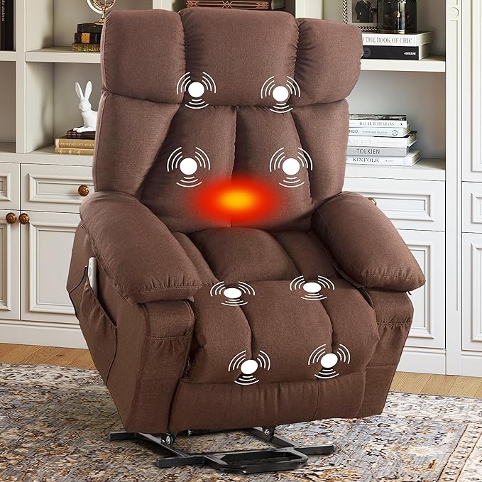 Power Lift Recliner Chair for Elderly Big and Tall Lift Chair with Massage and Heat for Living Room Fabric Electric Recliner Chairs with 4 Side Pockets USB Charge PortBrown