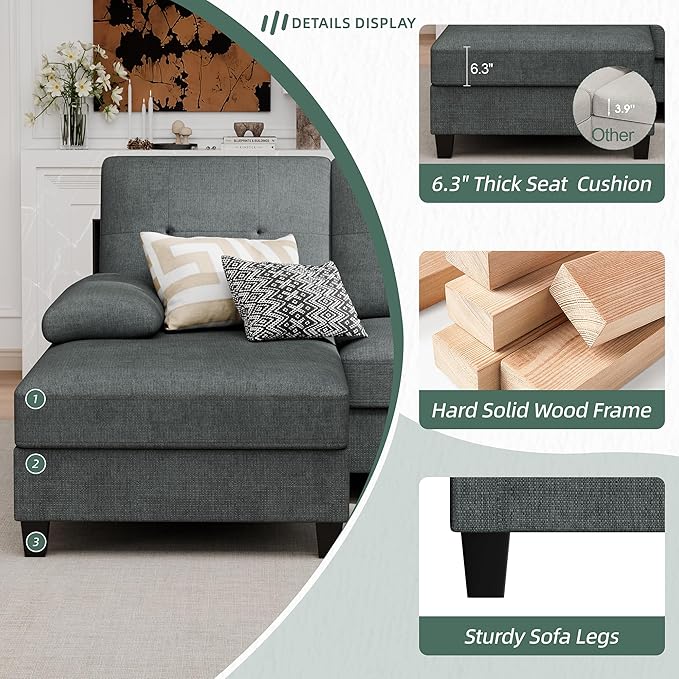 Vongrasig Sectional Couches for Living Room U-Shaped Sofa with Chaise 4-seat Large Sectional Modern Couch for Living Room Apartment (Grey)