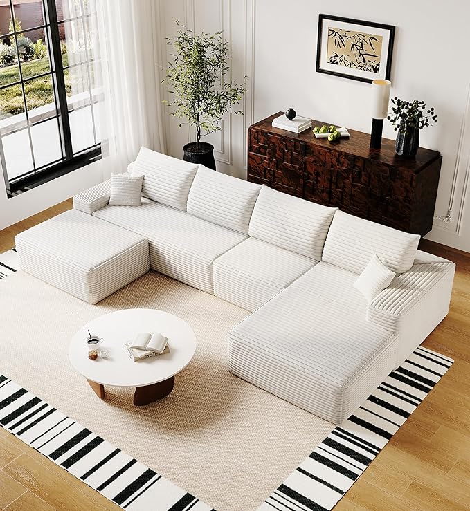136 Sectional Couches for Living Room Modern Modular Sofa with L-Shape Couchs Upholstered Boneless Couch Deep Seat Sectional Couch with Chaise (White Right Facing Chaise+3Seaters+Ottoman)