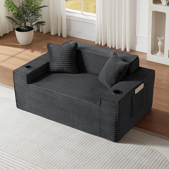 KEIKI 61 Corduroy Compressed Oversized Loveseat Sofa with Deep Seat &amp High Resilience Cushion Upholstered Boneless 2-Seater Couch with 2 Cup Holder No Assembly Required for Living Room Dark G