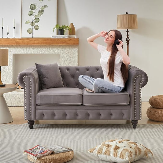 63.5 Velvet Oversize Chesterfield Grey Loveseat Sofa Rolled Arms Modern Sofa with Button Design and 2 Cushions for Living Room (Grey 63.5 Loveseat Sofa)