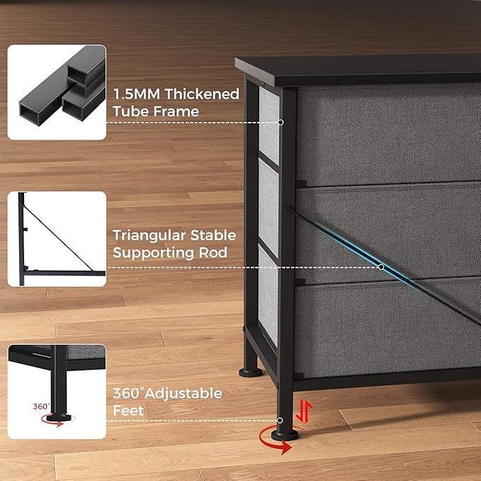 DUMOS TV Stands for Living Room Furniture with 9 Fabric Drawers Long Entertainment Center Up to 75 Inch TV Media Console Table with Storage for Bedroom Adjustable Feet Grey.