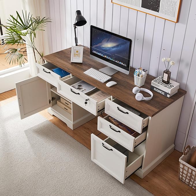 60 Farmhouse Executive Desk with LockHome Office Desk with Charging StationExecutive Desk with 4 Drawers &amp 1 Cabinet&amp1 File Cabinet for Office and Home