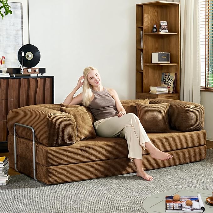 78 Inch Convertible Sofa Bed Corduroy Boneless Couch with Fixed Frame and 4 Pillows Modular Sectional Couch for Living Room Bedroom Studio Floor Bed Loveseat Sofa (Brown)
