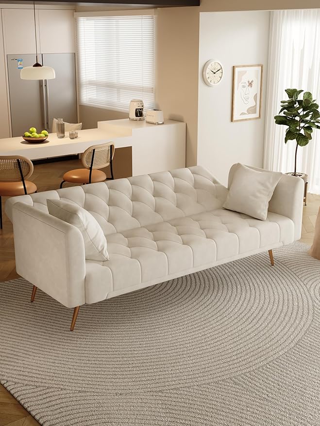 71 Convertible Velvet Futon Sofa Bed Loveseat with Multiple Adjustable BackrestsModern Sleeper Couch with Golden Metal Legs for Living RoomApartmentOfficeBeige