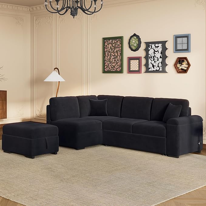 87.4 Sleeper Sectional Ottoman and Hidden Arm StoragePull-Out L-Shape Corner Couch Sofa-Bedw/USB ChargeErgonomic Designfor DormApartmentStudioOfficeBlack