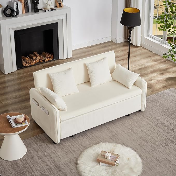 Ball &amp Cast 66 Convertible Sofa Bed3-in-1 Corduroy Loveseat Sleeper Pull Out Couch Bed with Pillows and Side Pockets Deep Seat Comfy Sofa Couches for Living RoomApartmentBeige