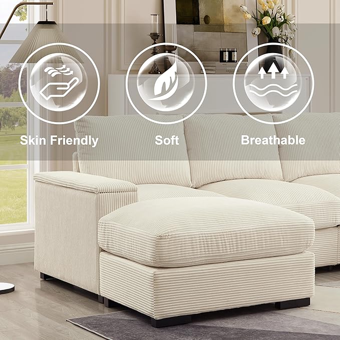 122 Oversized Modular Sectional Sofa Cloud Couch with 2 Ottomans Comfy Corduroy Upholstered Deep Seat Large U Shaped Lounge Sofa&ampCouches with Hidden Arm Storage Box