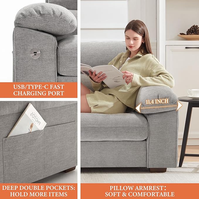 Ihanherry 71.5 Inch Loveseat Pillow-Armrest Sofa with USB/Type-C Charging Port Modern 2-Seats Sofa for Living Room &amp Bedroom Removable Medium Firm Cushion Breathable Chenille Fabric Grey