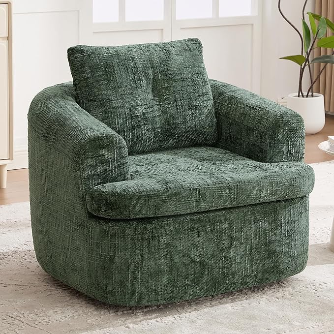 Merax 360° Swivel Sofa Chair Chenille Fabric Accent Barrel Chair 36.6 Swivel Round Chair with Dual-Layer Cushion Design for Living Room Bedroom Office and Hotel Green