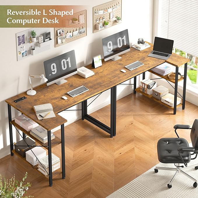 EnHomee Small Computer Gaming Desk with Storage Shelves &amp Side Bag 40 Inch L Shaped Desk with Power Outlets Corner Desk Study Writing Table for Home Office Bedroom Living Room Brown