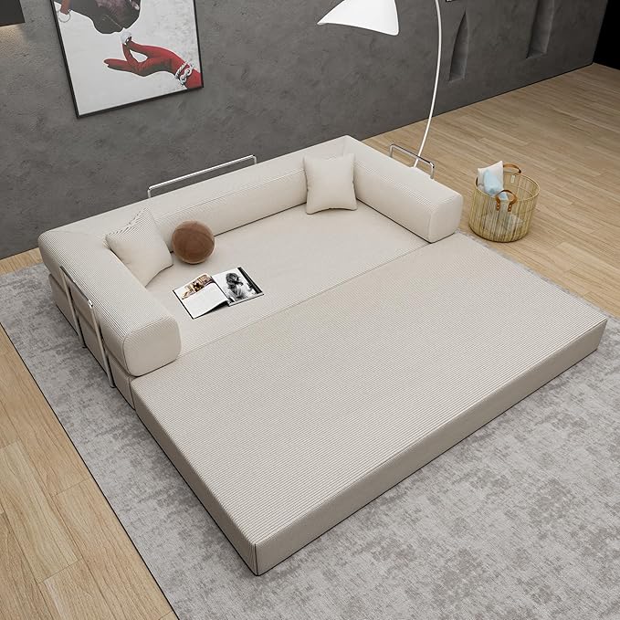 Convertible Couch Sofa Bed Foldable Floor Sleeper | Upgraded ALL High-Density 35D Foam | Fold Out Deep Seat Couch | King Size | Compression Sofa Sleeper for Living Room Bedroom | Corduroy Beige