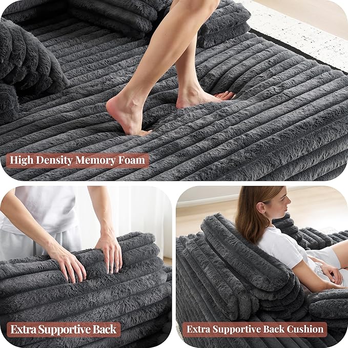 VanAcc 67 Chaise Lounge Sofa Faux Fur Sleeper Chaise with Armrests and Throw Pillows No-Assembly Couch for Living Room or Apartment Gray