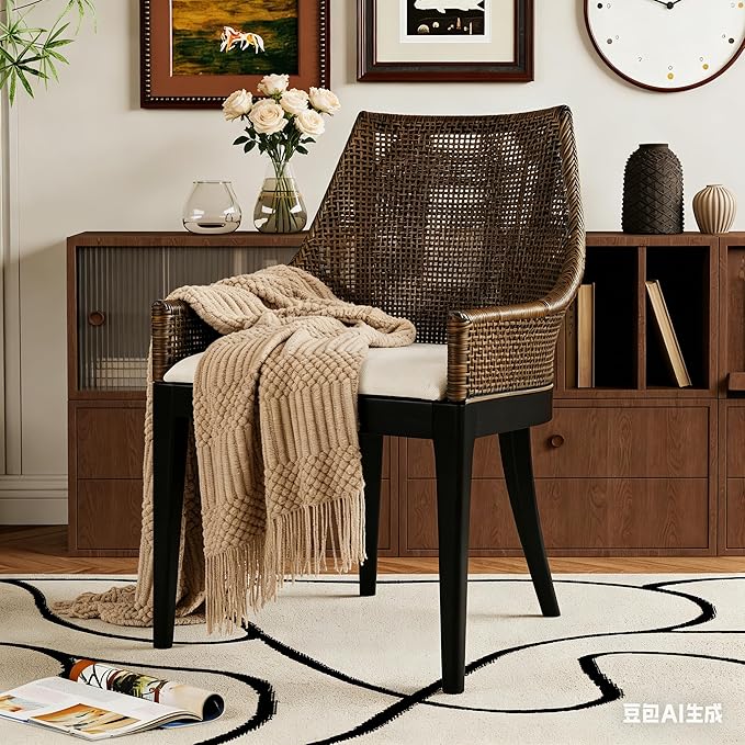 DUHOME 2 Sets Natural Cane Mesh Rattan Accent Chairs Tropical Coastal Woven Back Armchairs with Beige Fabric Cushion &amp Black Tapered Wood Legs Coastal Chairs for Living Room Bedroom