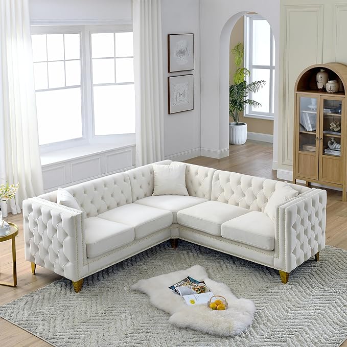 KEIKI 82.2 Velvet Corner Sofa Tufted 5 Seat Couch L-Shaped Sectional Couch for Living Room Buttons Tufted Square Arm Couch for Home Apartment Beige