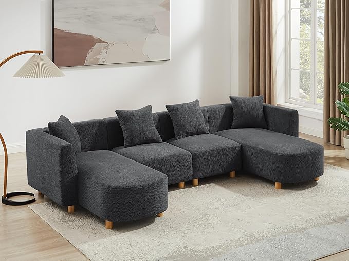 VANOMi 113 Sectional Sofa with 4 Pillows U-Shaped 4-Seater Comfy Boucle Cloud Couch Modern Double Chaises Lounge Sofas for Living Room Office Apartment (Dark Gray-U)