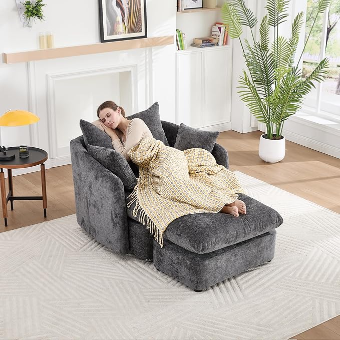 46 Oversized Swivel Accent Chair with Ottoman Set Upholstered 360° Swivel Barrel Chair and A Half with Ottoman Extra Wide Seat Lounge for Living Room Reading Bedrooms