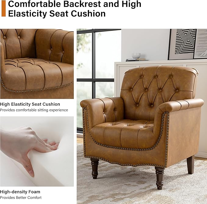 Faux Leather Club Chair Retro Upholstered Armchair Accent Chair with Solid Wood Legs &amp Nailhead Trim for Living Room Bedroom Reading Room Camel