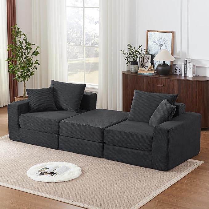 Modular Sectional Sofa with Convertible Sleeper Corduroy Fabric 2-in-1 Couch Bed with Reversible Chaise Adjustable Modular Sofas for Living Room Gray
