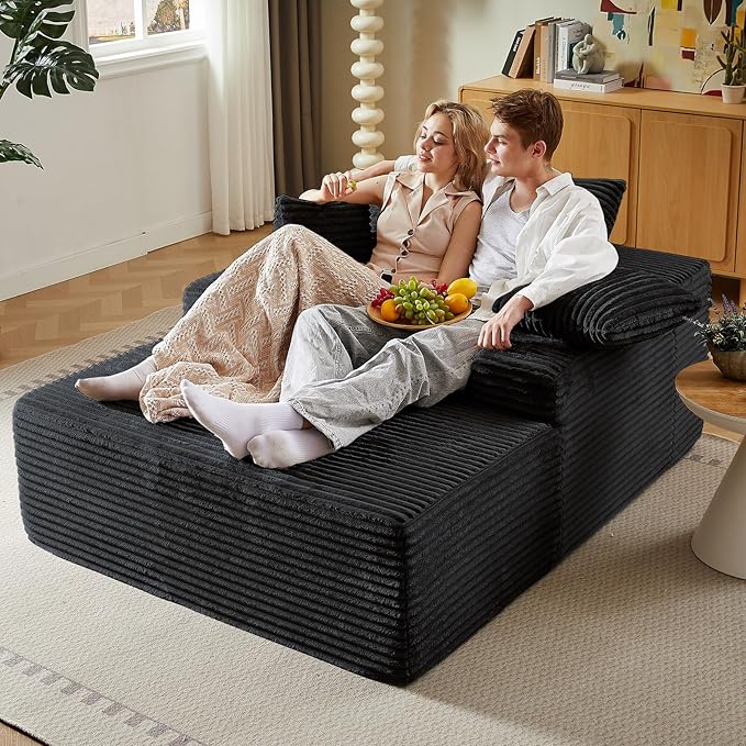 50 Oversized Chaise Lounge Chair IndoorCorduroy Boneless Reading Chair with 3 PillowsDeep Seat Cloud Sofa BedComfy Modern Sleeper Chairs in Box for Living Room BedroomNo Assembly(Black)