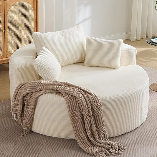 55''Oversized Round Boneless Chaise Lounge ChairCorduroy Modern Floor Sofa Deep Seat Compressed Circle Comfy Barrel Chair No Assembly Sleeper Cloud Sofa Couch Bed for Living Room BedroomBeige