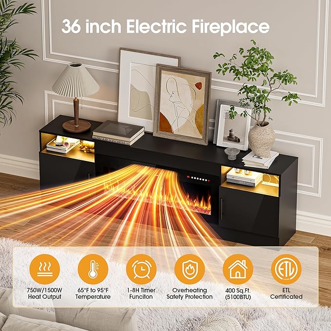 AHB Fireplace TV Stand LED Light Entertainment Center with 36 Electric Fireplace Storage Cabinet and Door Handles Media Console Table for TVs Up to 80 Inches for Living Room 70 Inches (Black)